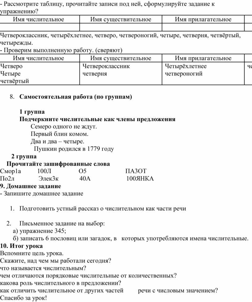 Технологическая карта урока имя числительное 6 класс