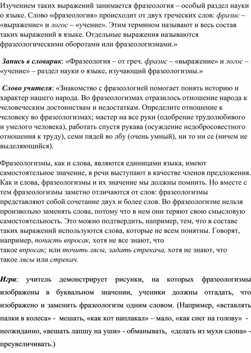 Урок русского языка в 6 классе на тему «Фразеология. Фразеологизмы».