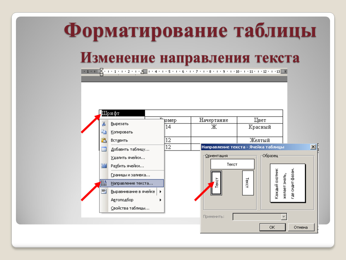 Форматирование изображения. Форматирование таблицы. Форматирование текста таблица. Изменение направления текста. Параметры форматирования таблиц.