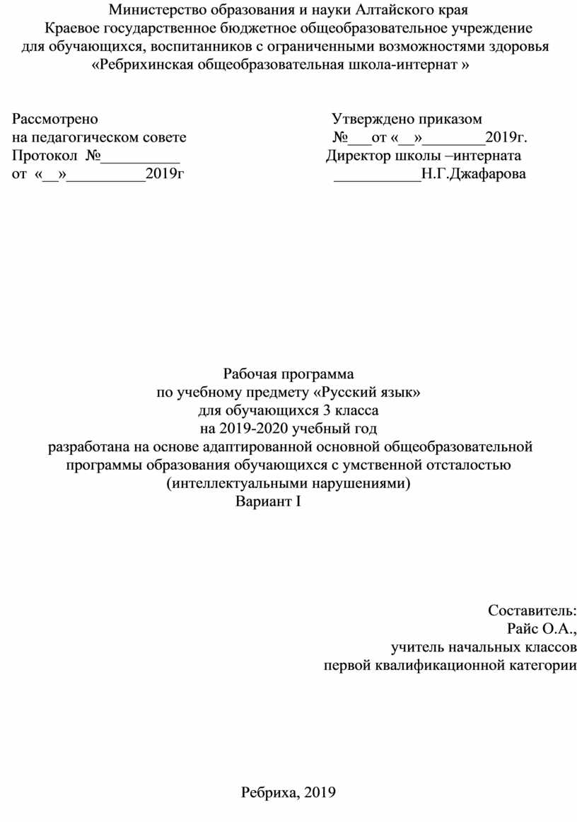 Рабочая программа по русскому языку 3 класс ФГОС 1 вариант