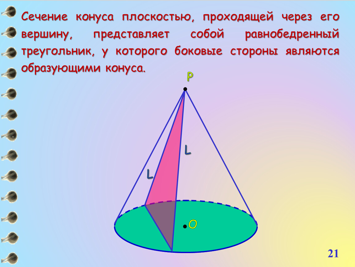 Площадь сечения конуса проходящего через вершину. Конус сечение перпендикулярное основанию. Конус сечения конуса плоскостями. Сечение конуса плоскостью проходящей через его вершину. Сечение конуса через вершину.