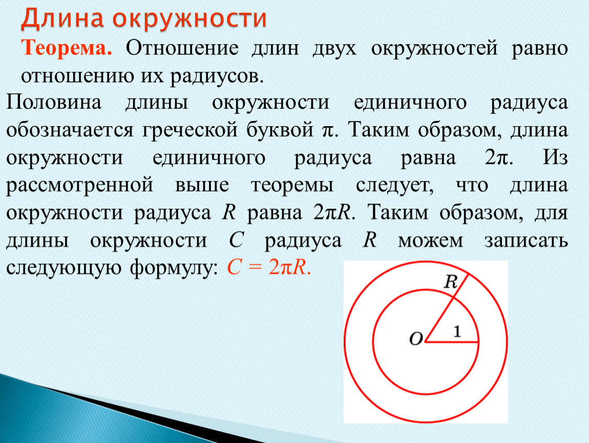 Длина окружности какой радиус. Длина окружности. Длина окружности теорема. Связь радиуса и длины окружности. Длина половины окружности.