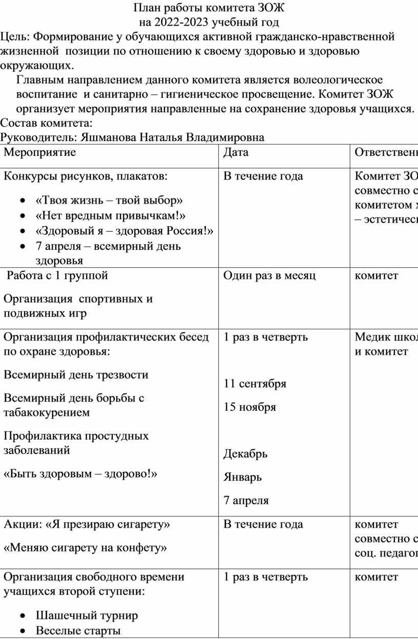 План работы родительского комитета школы