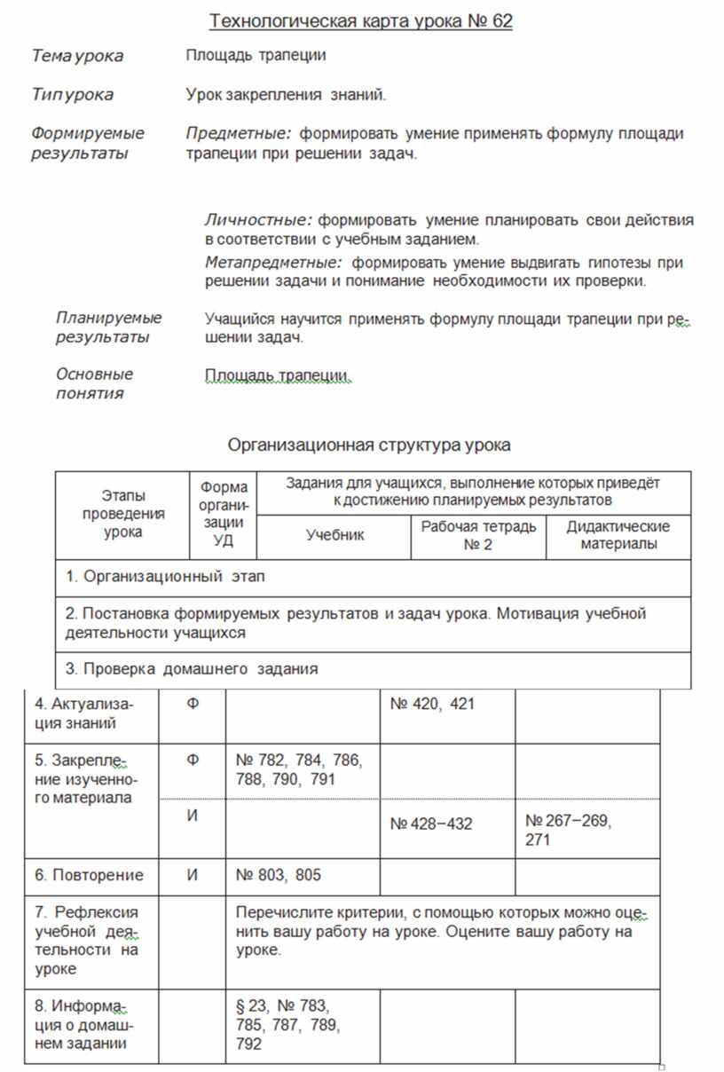 Технологическая карта 8 класс геометрия