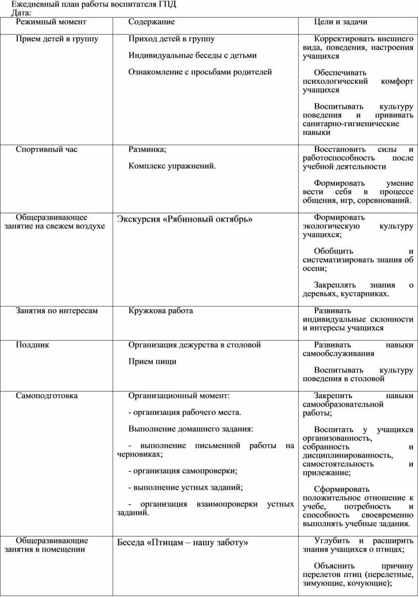 План работы воспитателя ежедневный план