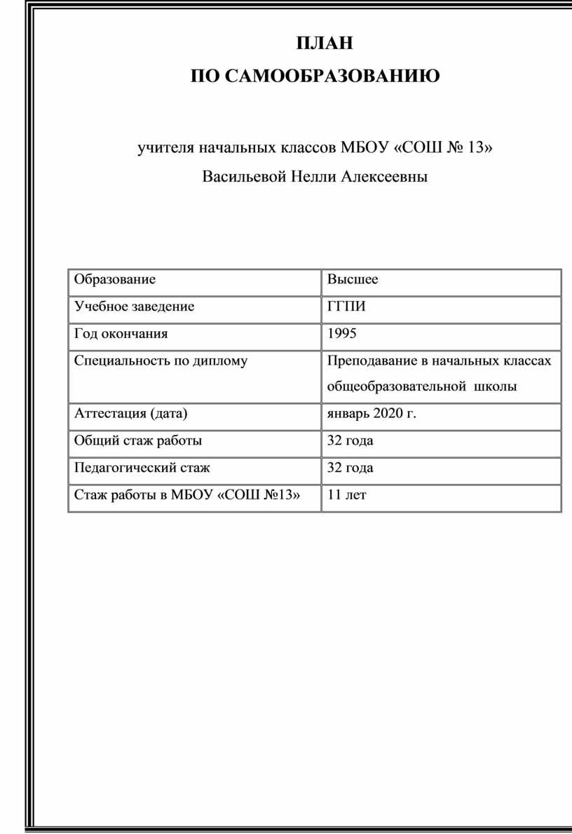 План самообразования учителя начальных классов здоровьесберегающие технологии