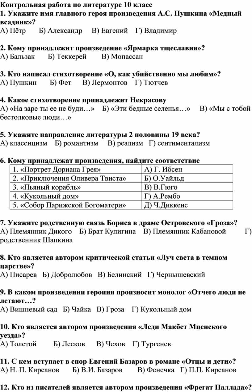 Контрольная работа по литературе 10 класс