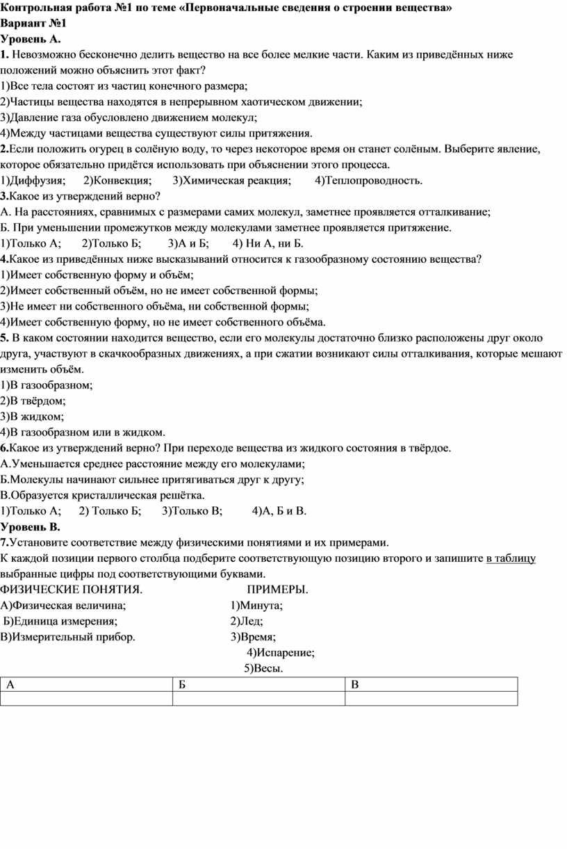 Контрольная работа строение человека 8 класс. Контрольная строение вещества. Темы "первоначальные сведения о строении вещества".