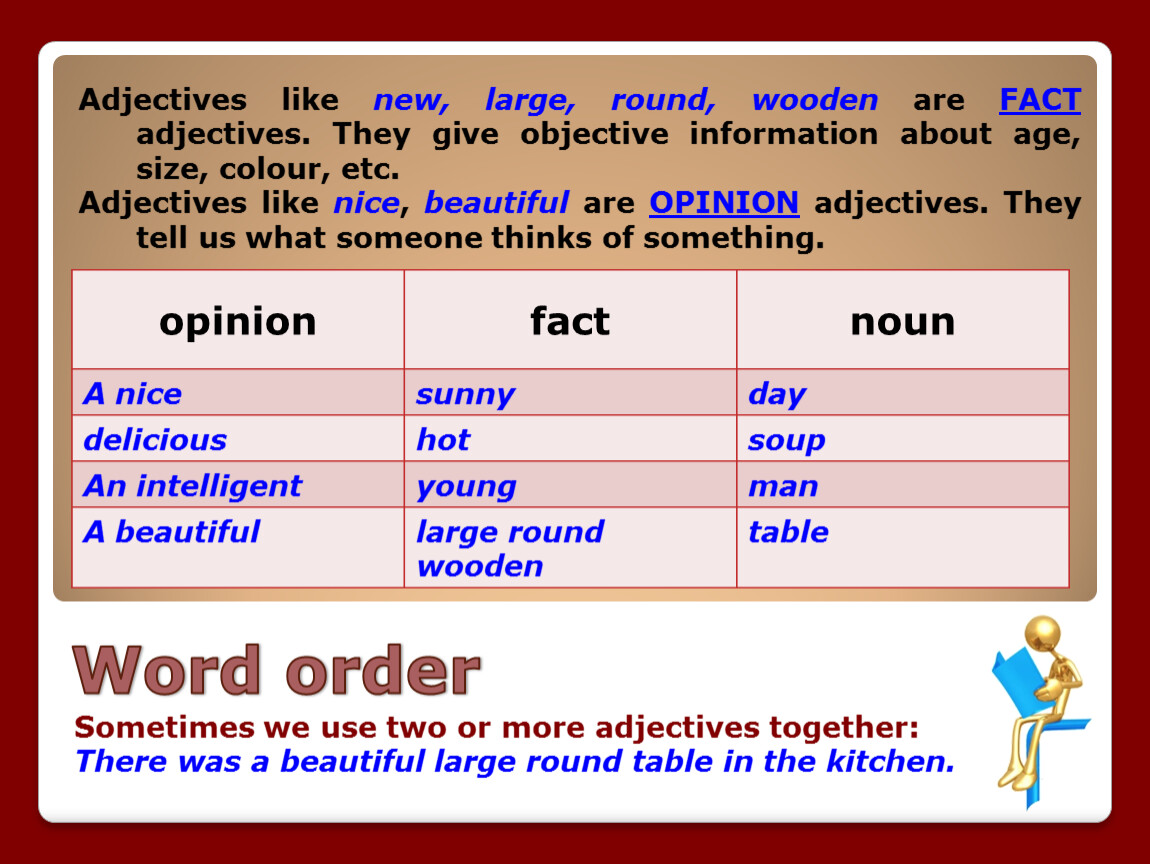 Уроки английского прилагательные. Opinion adjectives and fact adjectives. Прилагательные opinion. Fact and opinion adjectives примеры. Fact adjectives примеры.
