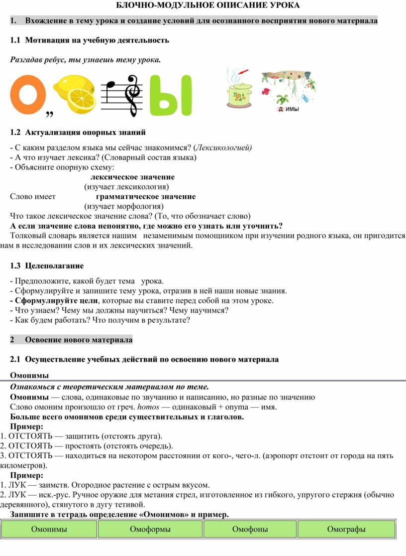 БЛОЧНО-МОДУЛЬНОЕ ОПИСАНИЕ УРОКА 1