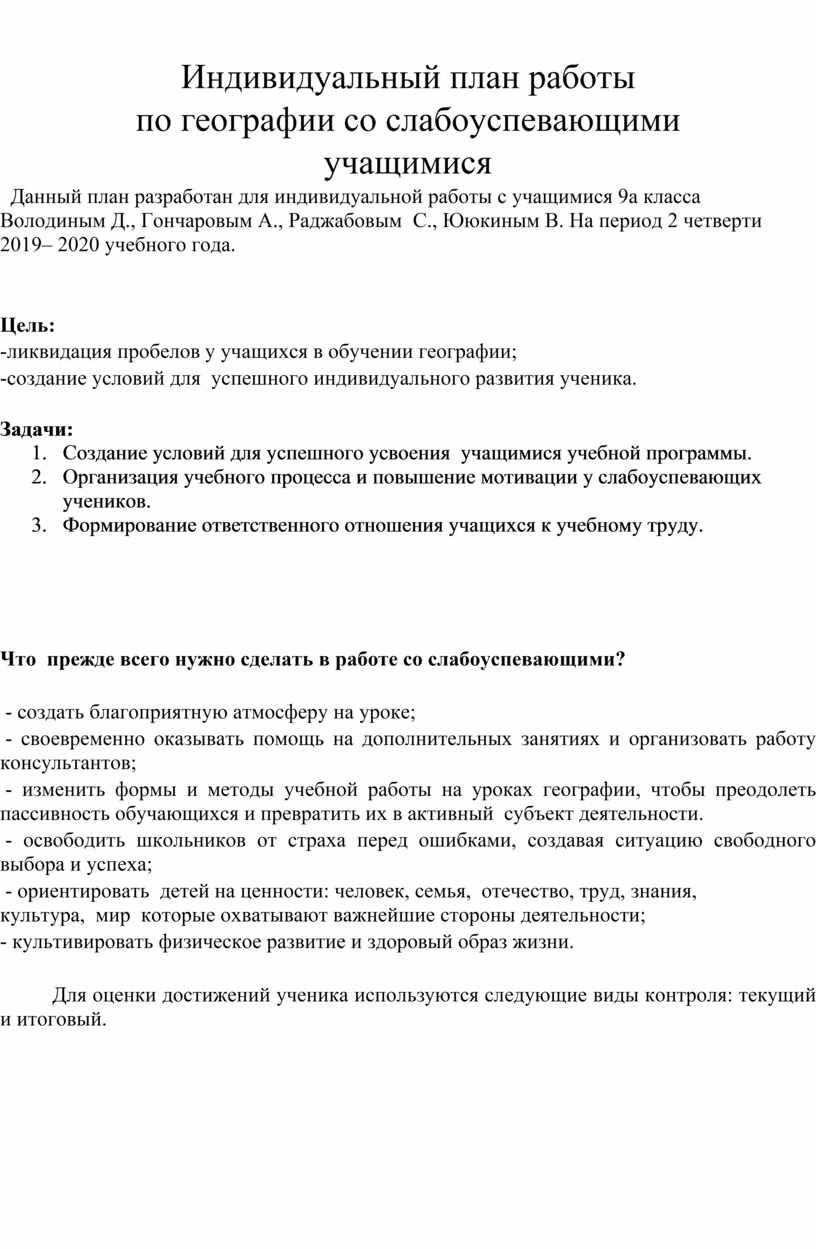 Индивидуальный план работы по географии со слабоуспевающими учащимися