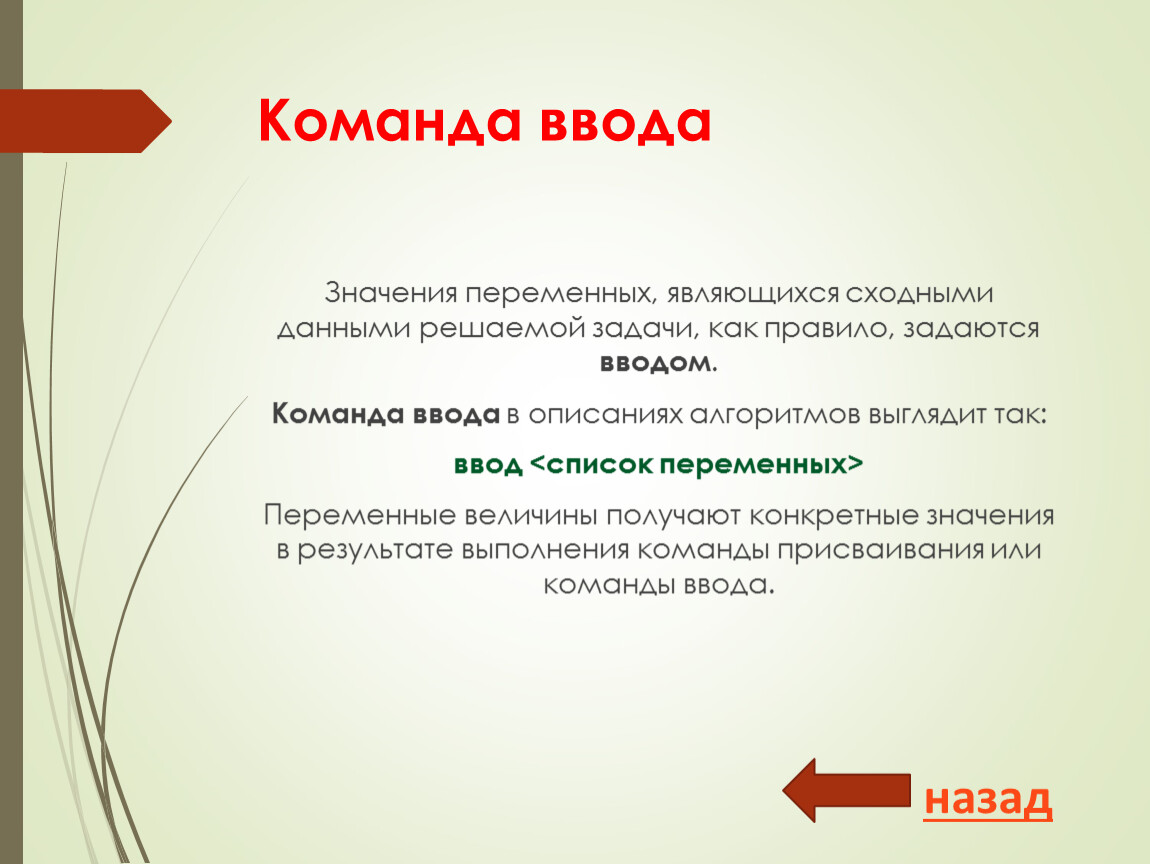 Переменной является. Команда ввода. Команда для ввода данных. Порядок ввода команды. Назначение команды ввод.