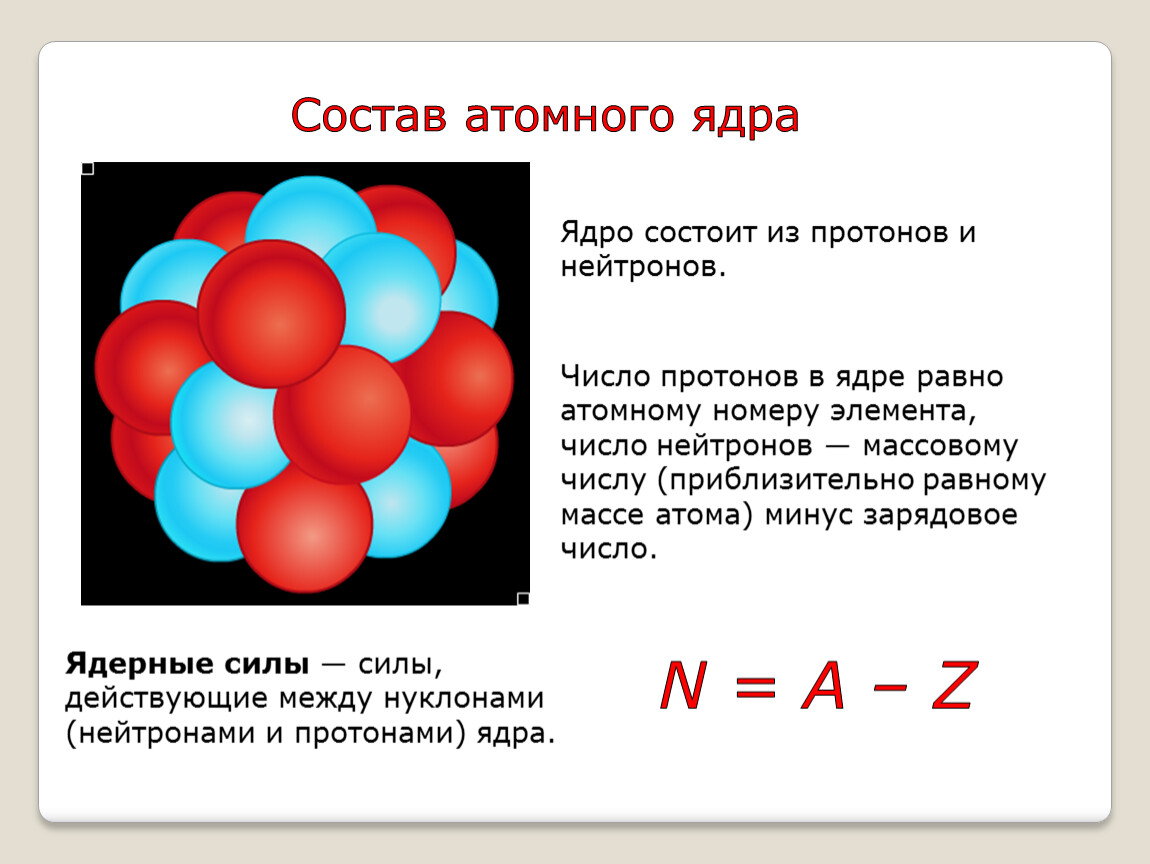 Масса атомного ядра элемента равна. Состав атомных ядер: протоны, нейтроны. Состав ядра протоны и нейтроны. Число протонов в ядре. Строение атомного ядра.