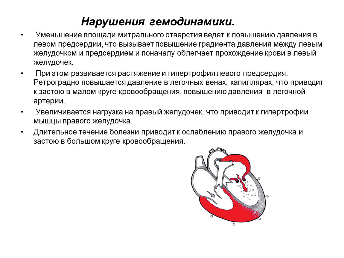 Нарушение гемодинамики. Уменьшение площади митрального отверстия. Нарушение гемодинамики левого желудочка. Снижение давления в желудочках. Венозный застой в Малом круге кровообращения патогенез.