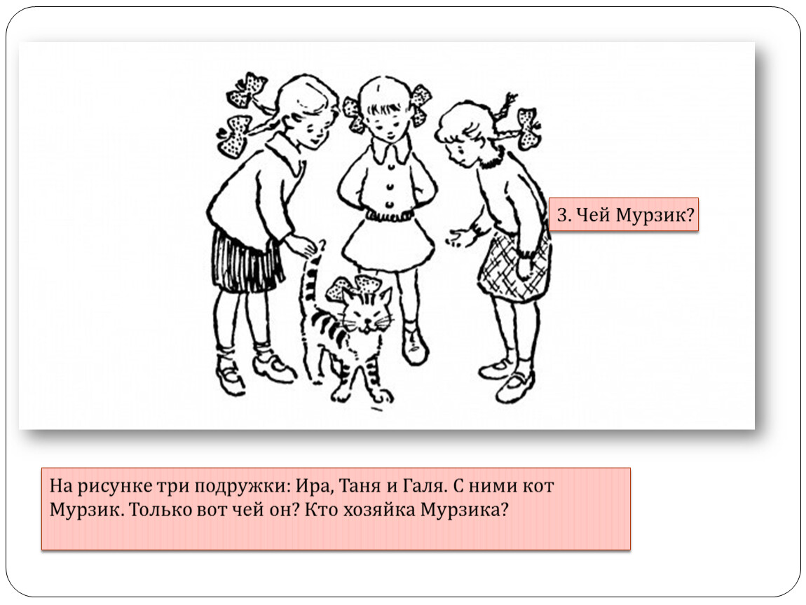 Загадка ира таня галя чей кот мурзик. На рисунке 3 подружки и кот. Кто хозяйка Мурзика правильный ответ.