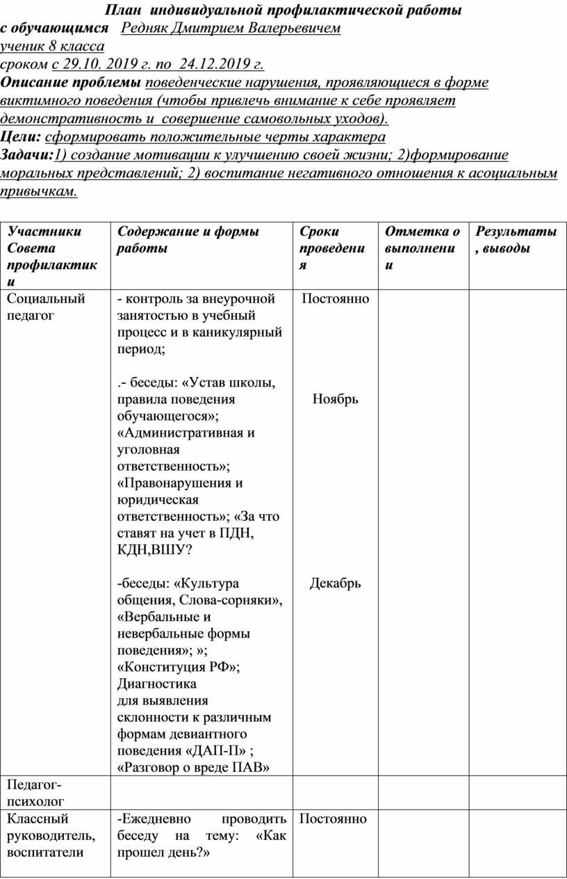 Индивидуальный план работы с обучающимися группы риска