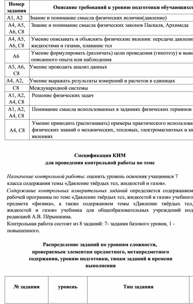 005_7 - Контрольная работа № 3 по теме Давление твердых тел, жидкостей и  газов