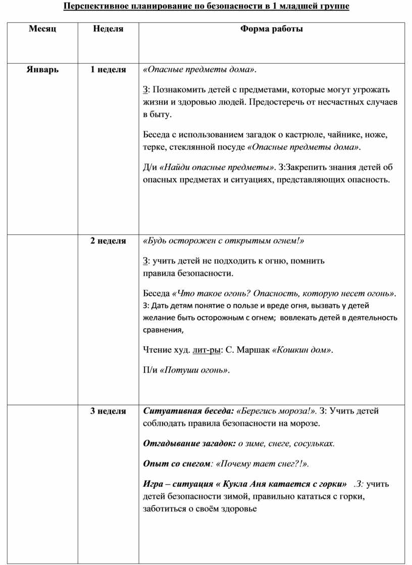 Календарно - тематическое планирование по безопасности в 1 младшей группе