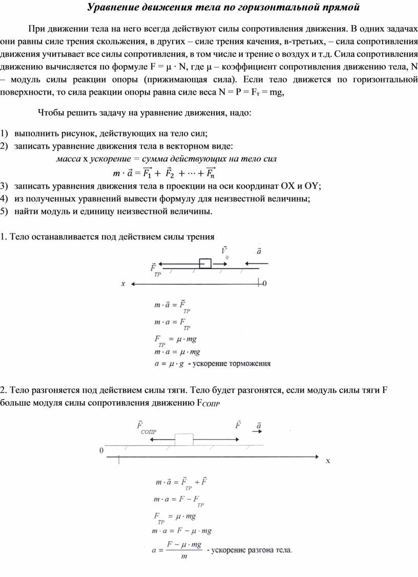 Уравнение движения тела по горизонтальной прямой
