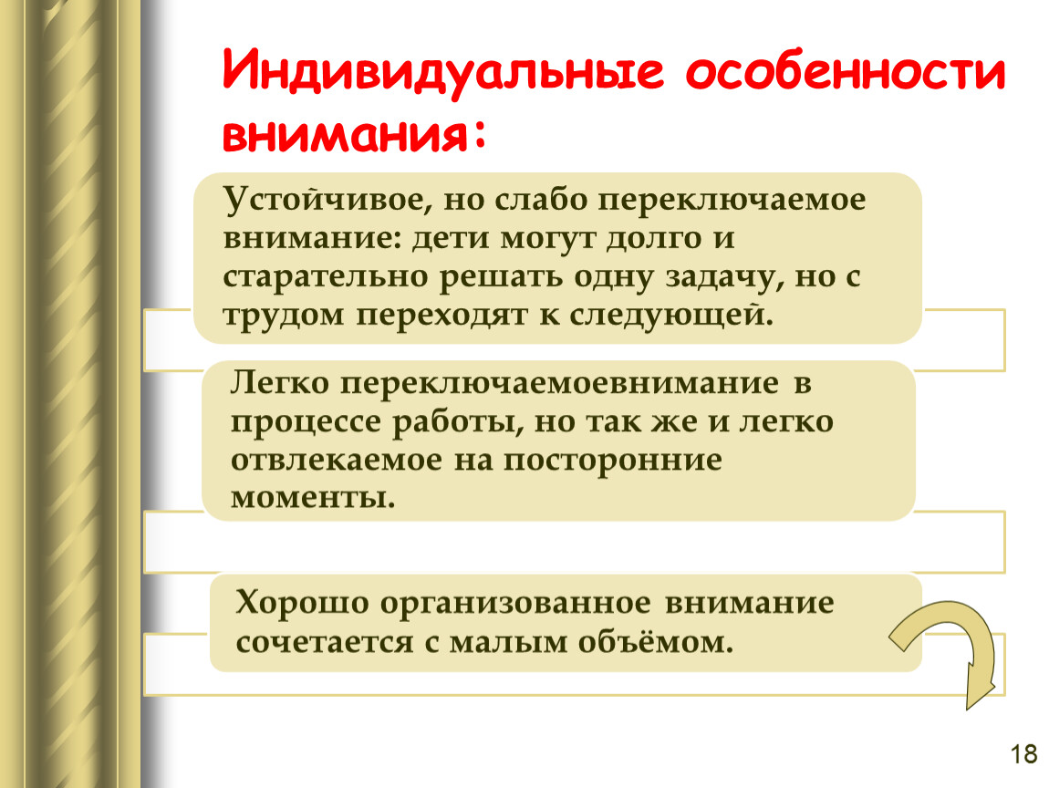 18 индивидуальные. Индивидуальные особенности внимания. Особенности внимания в психологии. Особенности внимания в ПС. Специфика внимания.