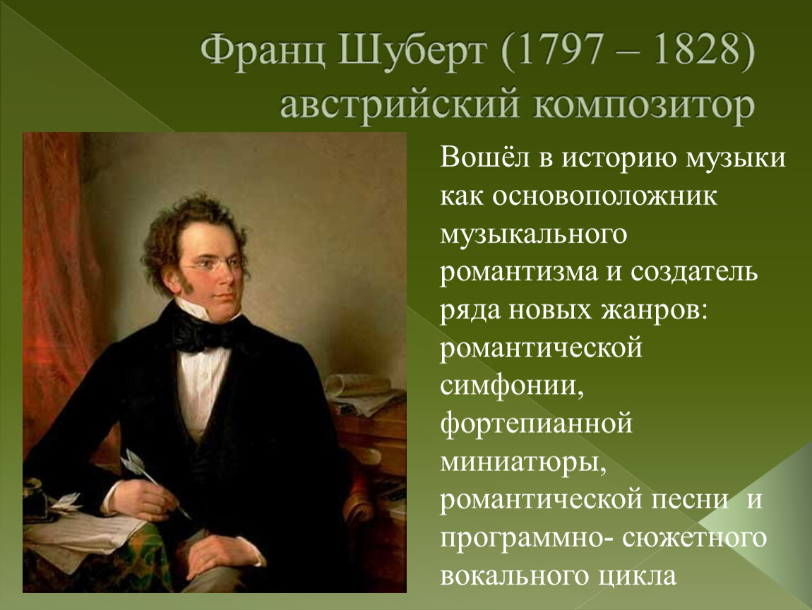 Жанр произведений шуберта. Шуберт 1797 1828.
