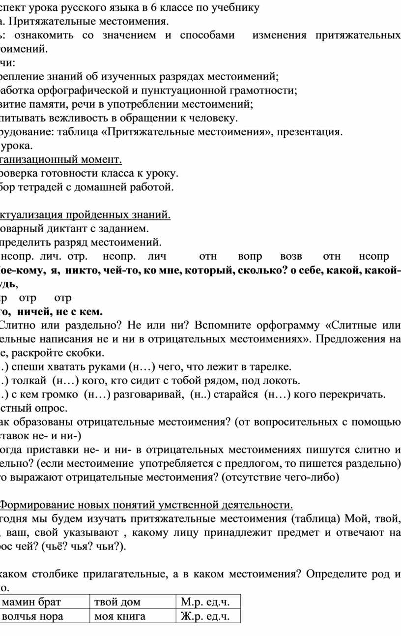 Конспект урока русского языка в 6 классе «Притяжательные местоимения»