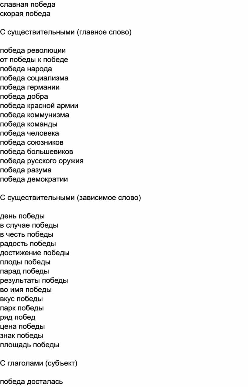 С существительными (главное слово) победа революции от победы к победе победа народа победа социализма победа германии победа добра победа красной армии победа коммунизма победа команды…