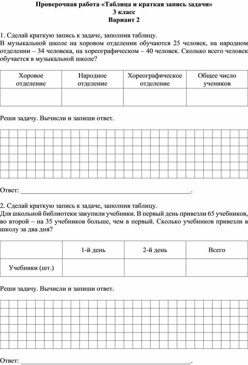 Проверочная работа «Таблица и краткая запись задачи»