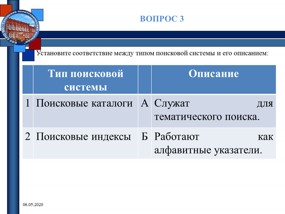 ТЕСТ ПО ТЕМЕ Информационно-поисковые системы. Организация поиска информации  в сетях