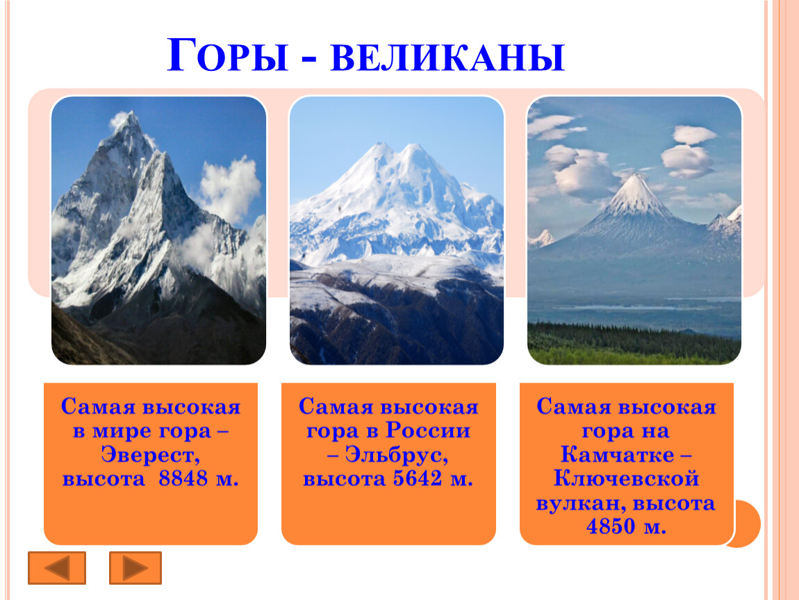 Как называются горы в россии. Самая высокая гора в России название и высота горы. Эльбрус Эверест Джомолунгма. Самые высокие горы России 2 класс окружающий мир. Горы России высота.