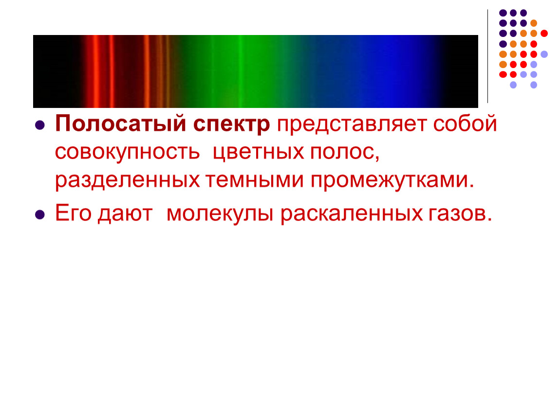 Полосатый спектр какие тела. Полосатый спектр. Спектры цветная полоска. Типы оптических спектров. Молекулярный полосатый спектр.