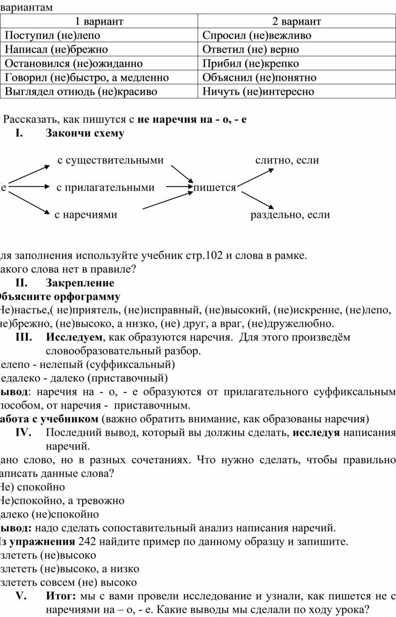 Урок-исследование. Тема: Правописание НЕ с наречиями на -о, -е. 7 класс.