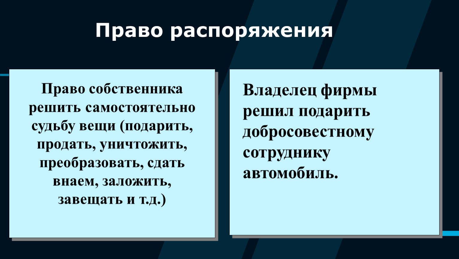 Право распоряжения Право собственника решить самостоятельно судьбу вещи (подарить, продать, уничтожить, преобразовать, сдать внаем, заложить, завещать и т