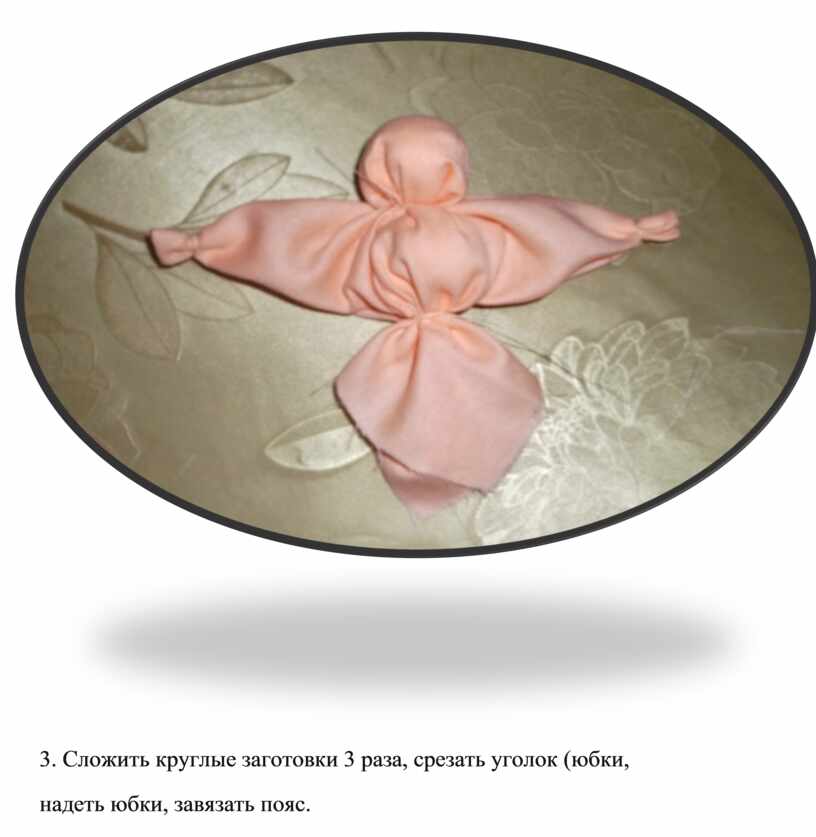 Сложить круглые заготовки 3 раза, срезать уголок (юбки, надеть юбки, завязать пояс