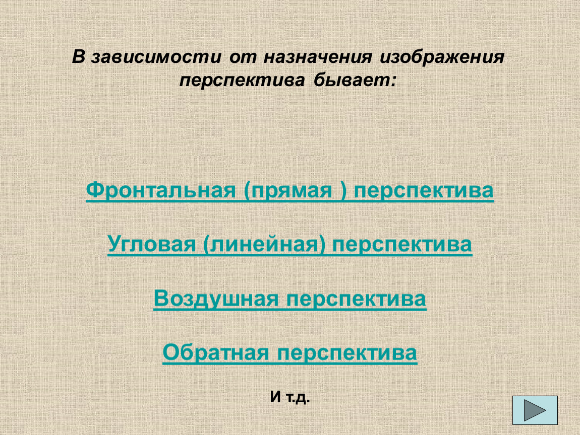 В зависимости от назначения изображения перспектива бывает