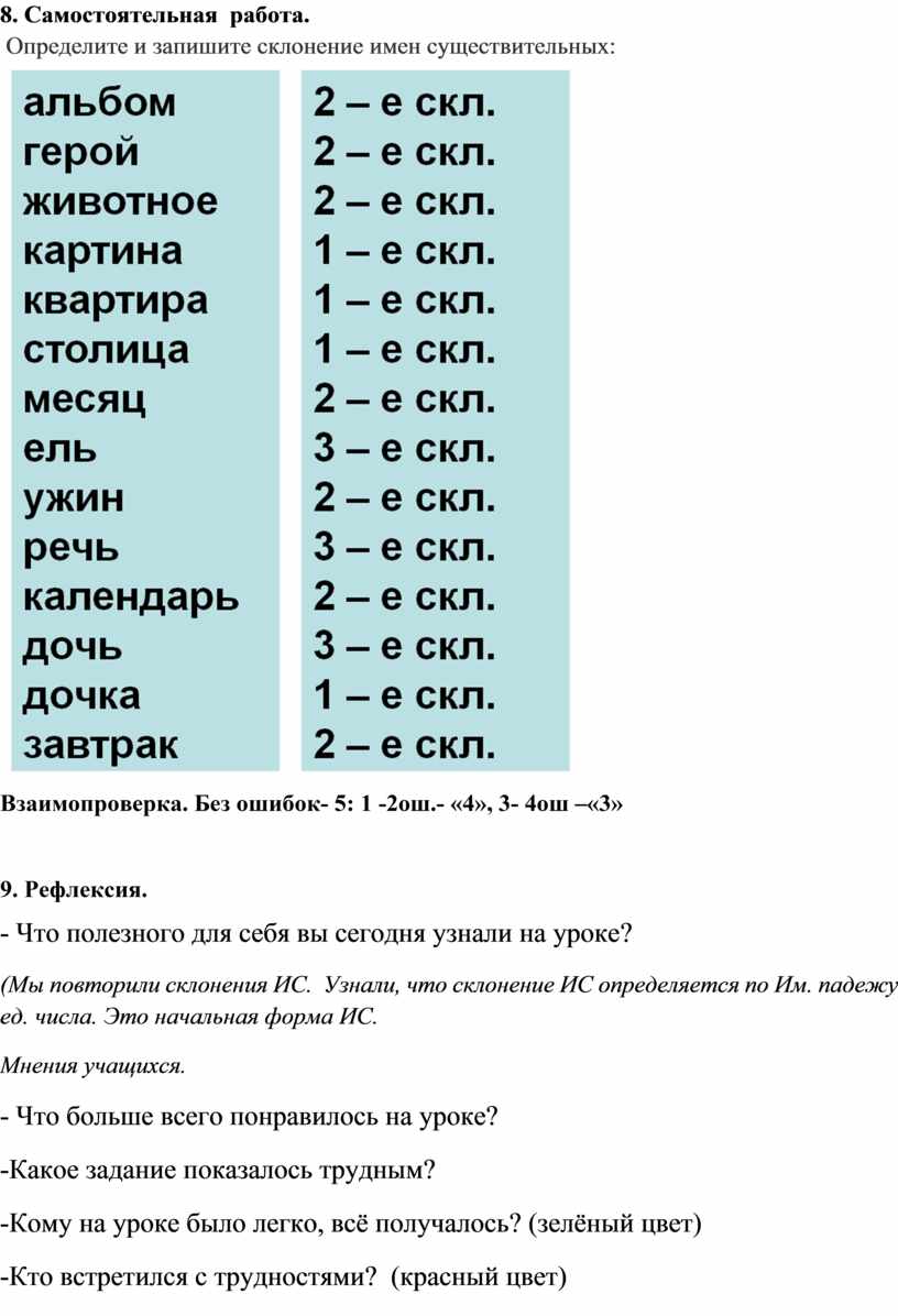 Урок в 5 классе коррекционной школы «Определение склонения имен  существительных. Тренировочные упражнения».