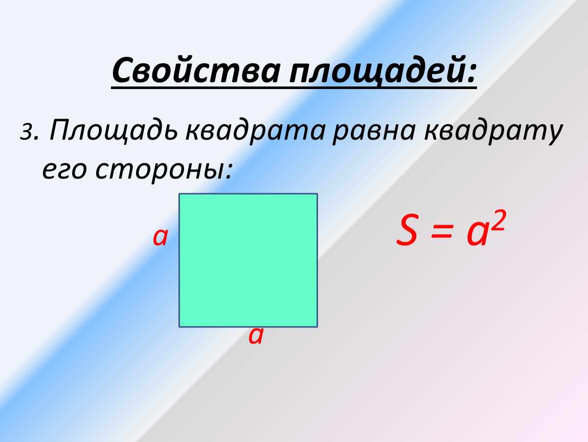 Площадь квадрата равна произведению 2 его сторон. Площадь квадрата. Свойства площадей.