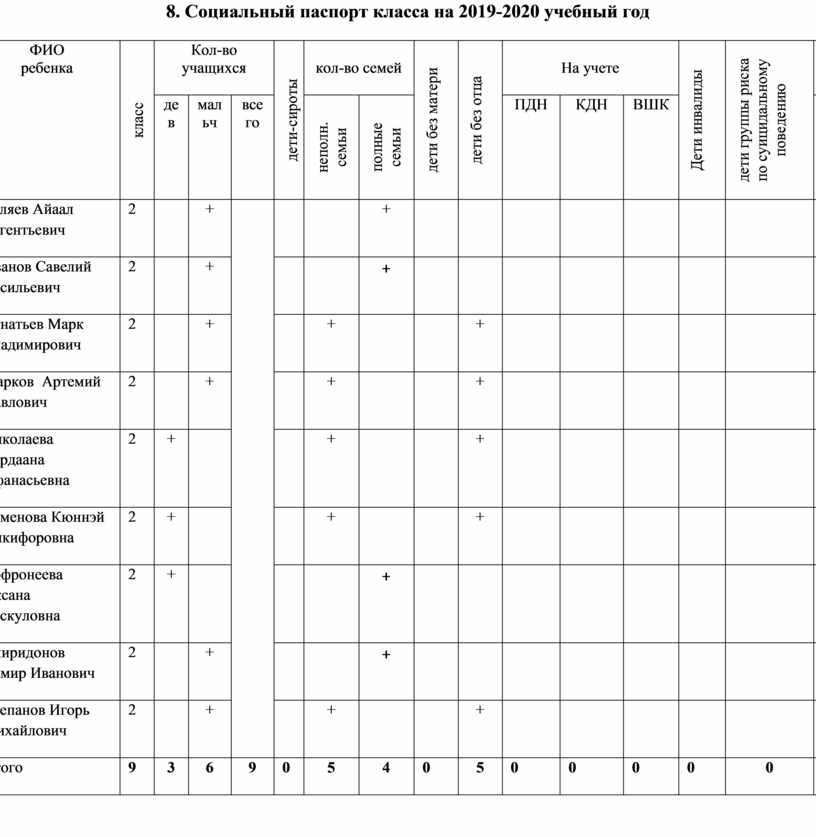 Социальный паспорт класса образец