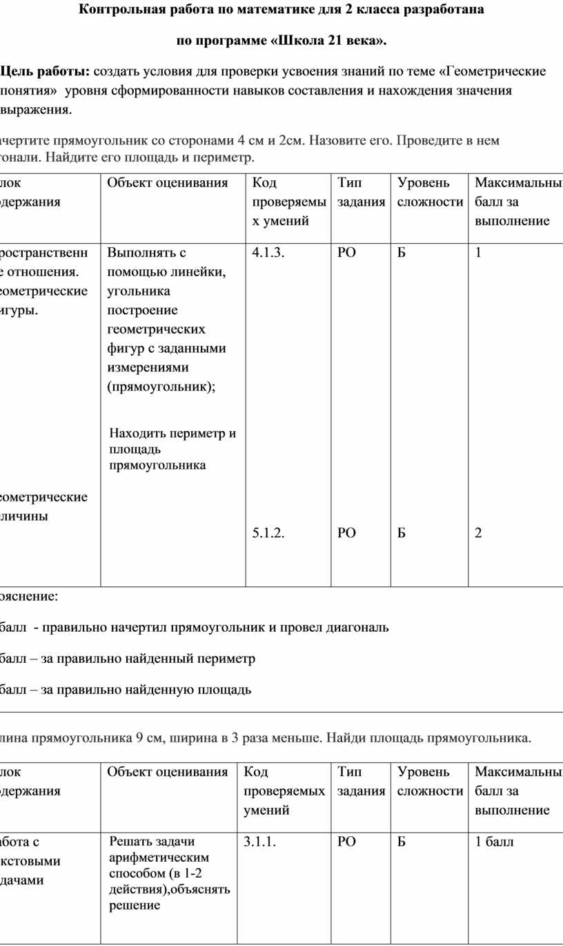 Контрольная работа по математике 2 класс по программе 