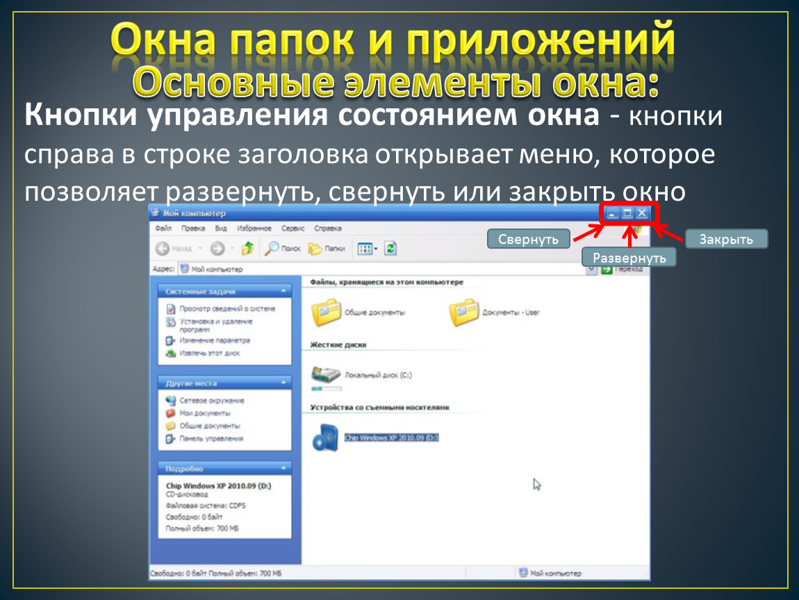 Управление окнами. Окно папки. Кнопки справа в строке заголовка. Меню управления состоянием окна. Кнопки управления состоянием окна.