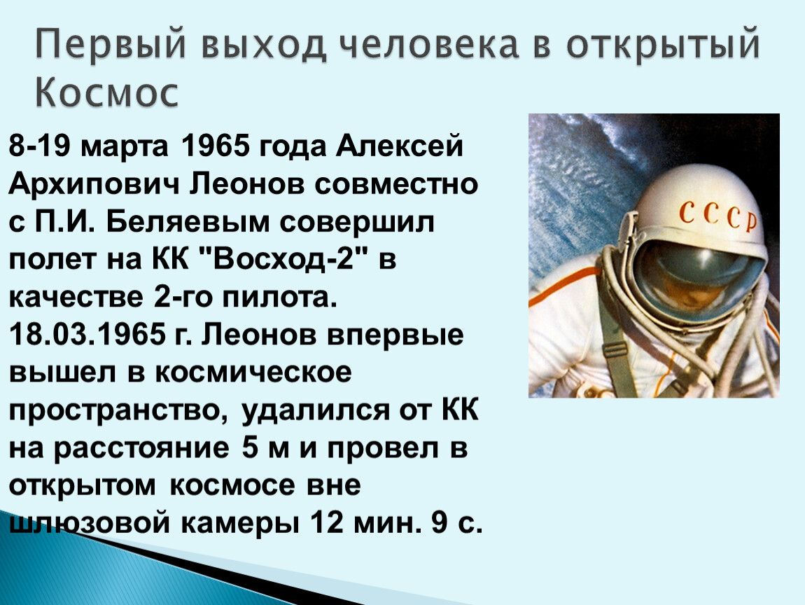 Презентация день космонавтики для начальных классов. Первый выход человека в открытый космос Дата.