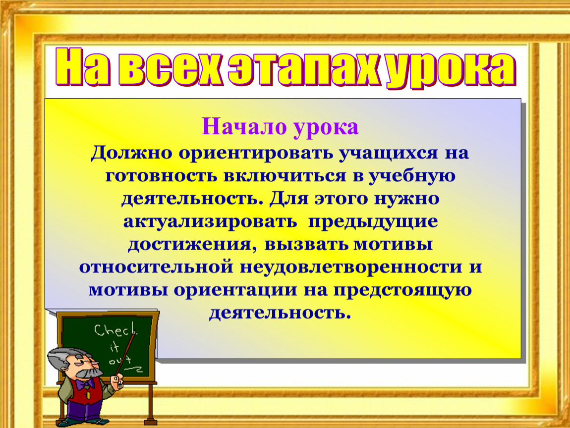 Каким должен быть урок. Готовность учащихся к уроку. Начало урока. Готовность обучающихся к началу урока. Предыдущие достижения.