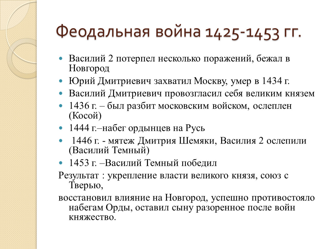 Междоусобная война в московском княжестве 15 век презентация