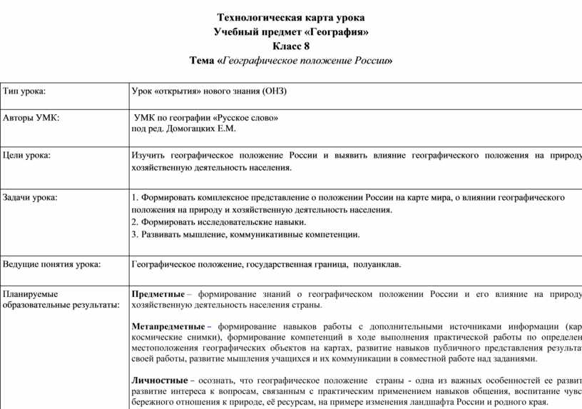 Технологическая карта урока географии 8 класс географическое положение россии