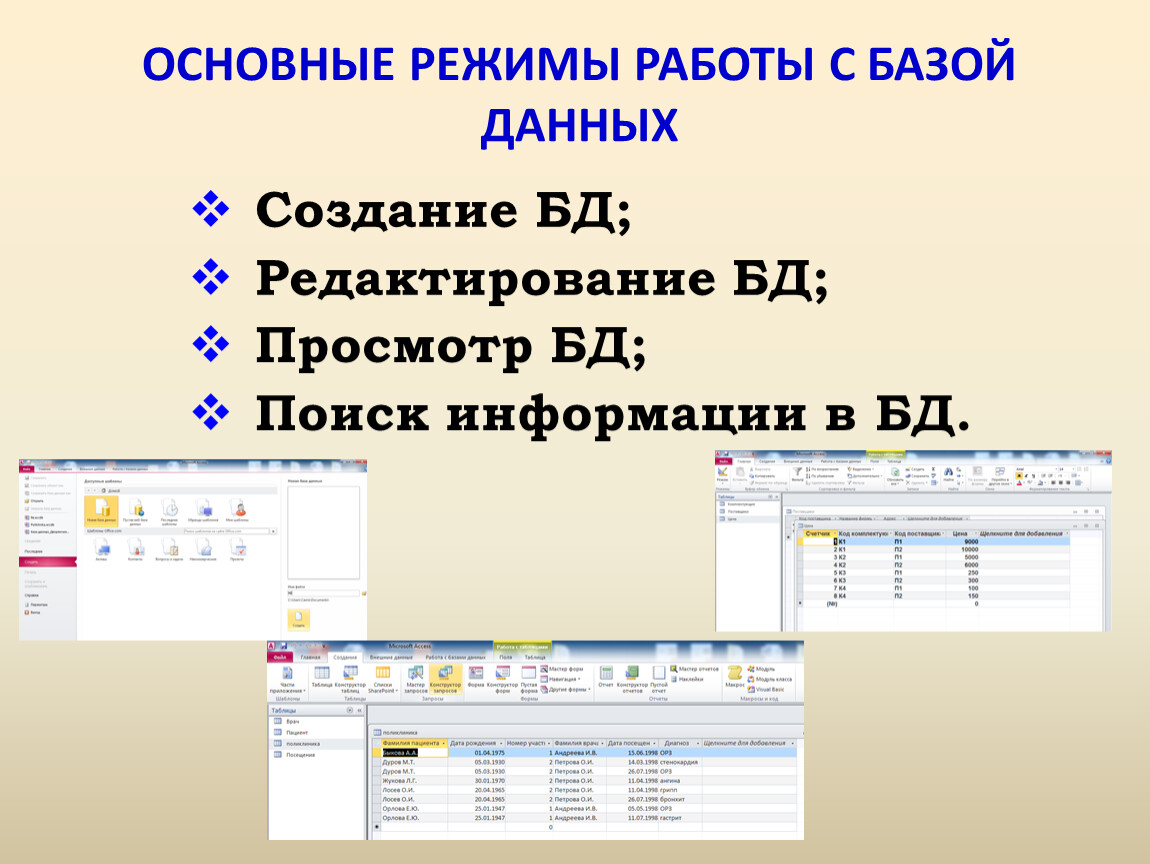 Редактор баз данных. Основные режимы работы с БД. Основные режимы работы с базой данных. Режим работы базы данных. Основные режимы работы СУБД.