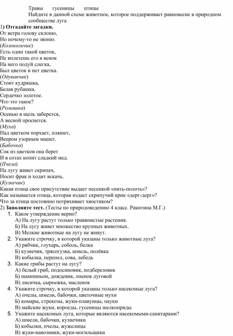 Окружающий мир. Тема: Жизнь луга. «Луг – природное сообщество».