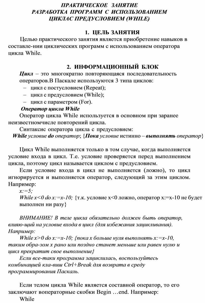 ПРАКТИЧЕСКОЕ ЗАНЯТИЕ РАЗРАБОТКА ПРОГРАММ С ИСПОЛЬЗОВАНИЕМ ЦИКЛА С  ПРЕДУСЛОВИЕМ (WHILE)