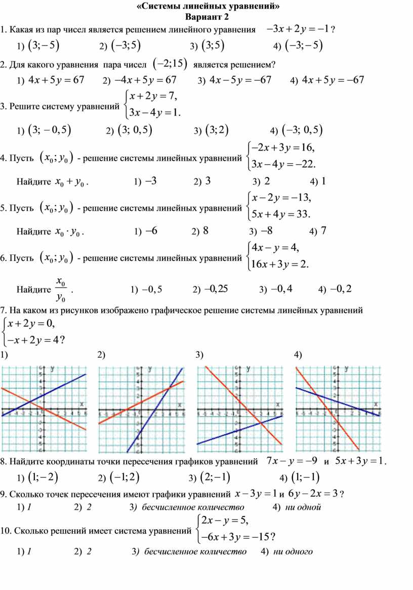 Используя рисунок сопоставьте системам уравнений количество их решений