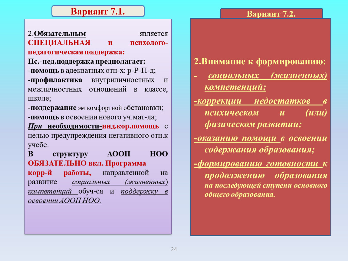 Вариант 7.2. 2.Внимание к формированию: - социальных (жизненных) компетенций; -коррекции недостатков в психическом и (или) физическом развитии; -оказанию помощи в освоении содержания образования; -формированию готовности…