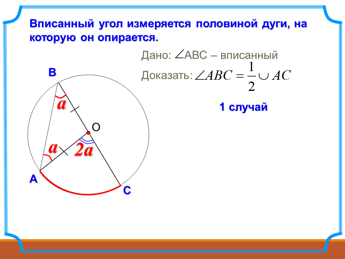 1 2 дуги равна углу. Центральный угол опирающийся на дугу равен. Вписанные углы.. Вписанный угол измеряется половиной дуги на которую опирается. Вписанный угол измеряется половиной дуги.